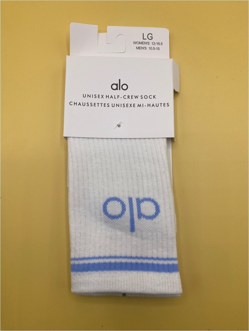 ALO Yoga Unisex Half-Crew Socks in White and Light Blue